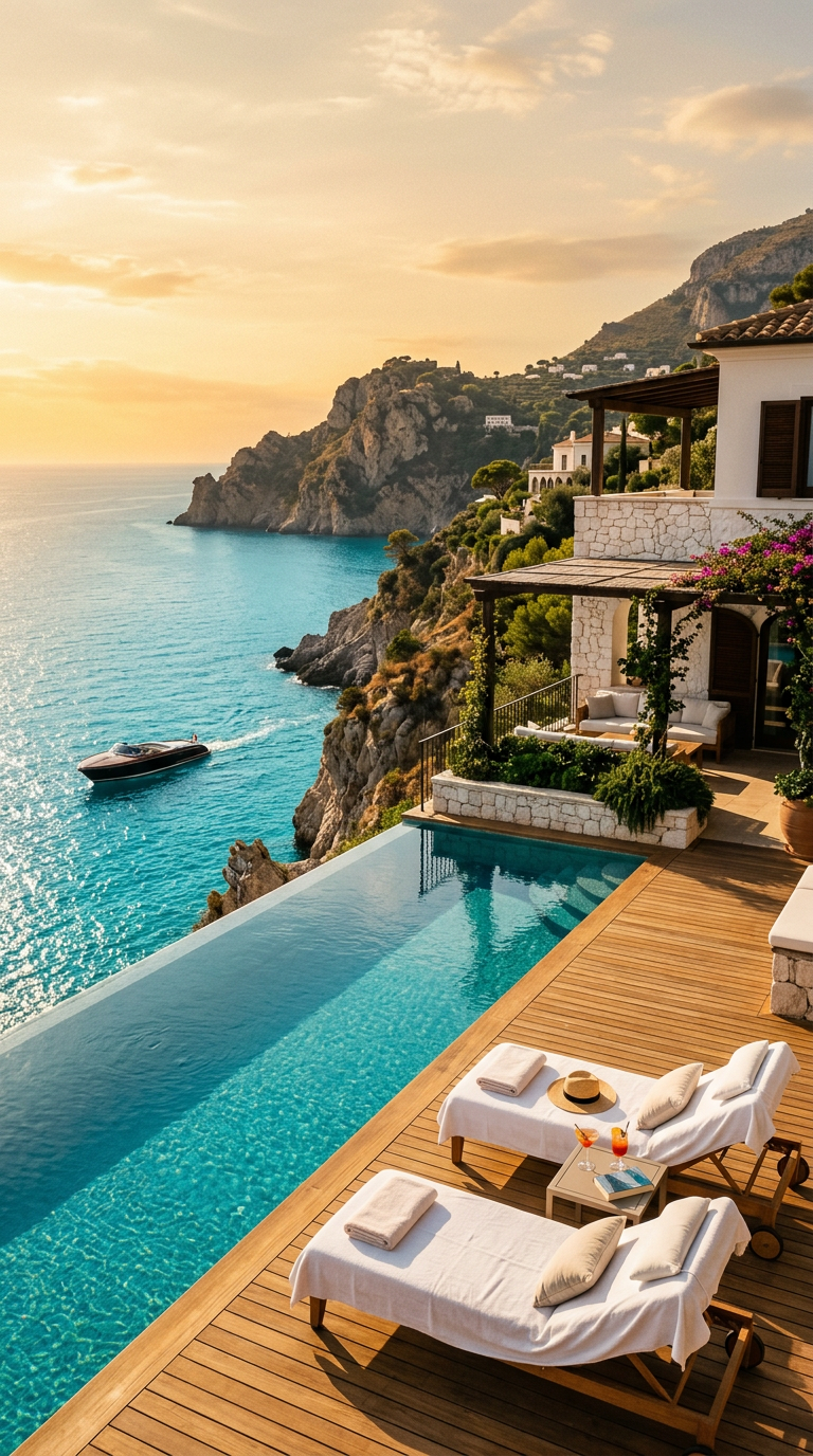 A cliffside infinity pool villa over a turquoise sea at sunset